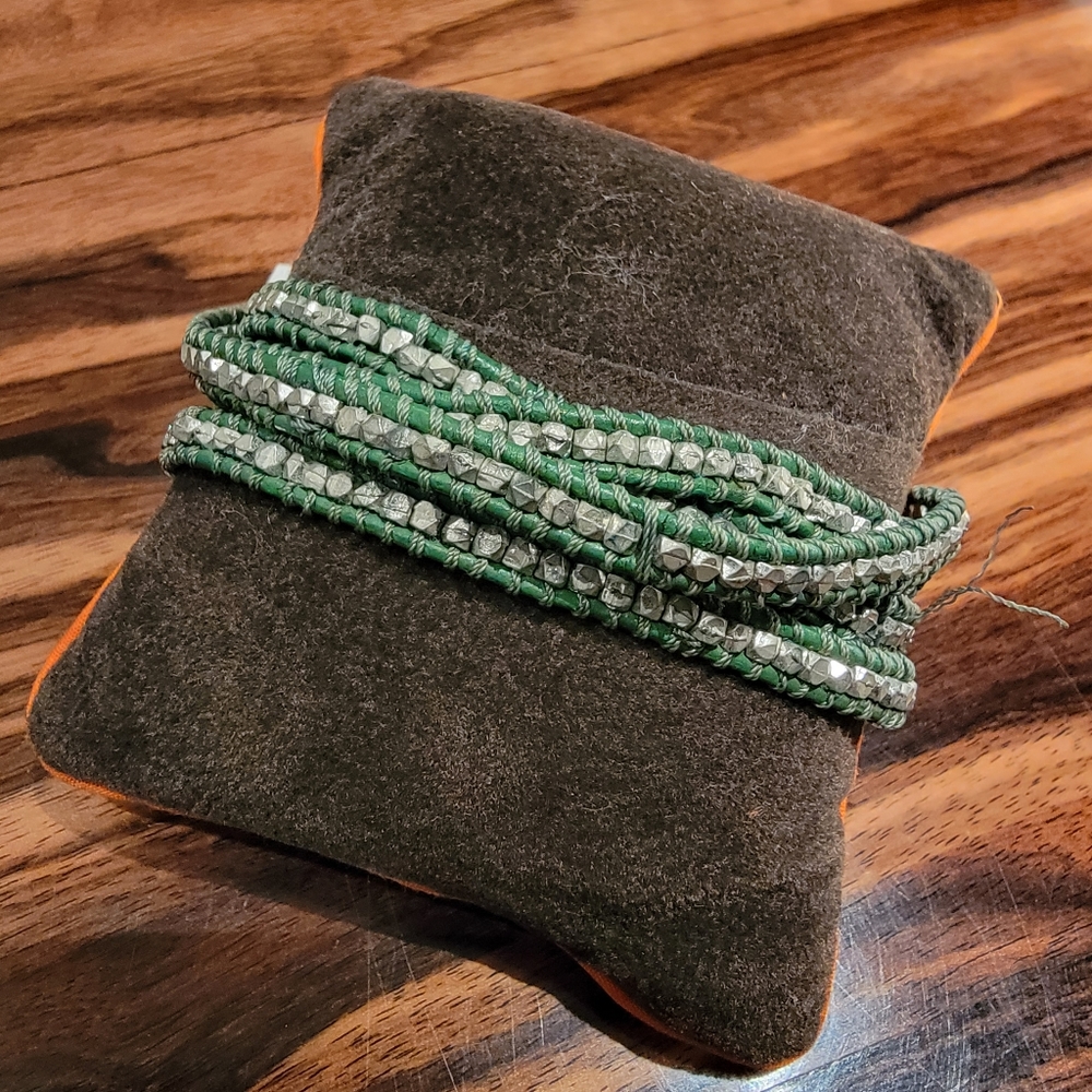 Club Monaco Silver Nugget and Green Wrap Bracelet